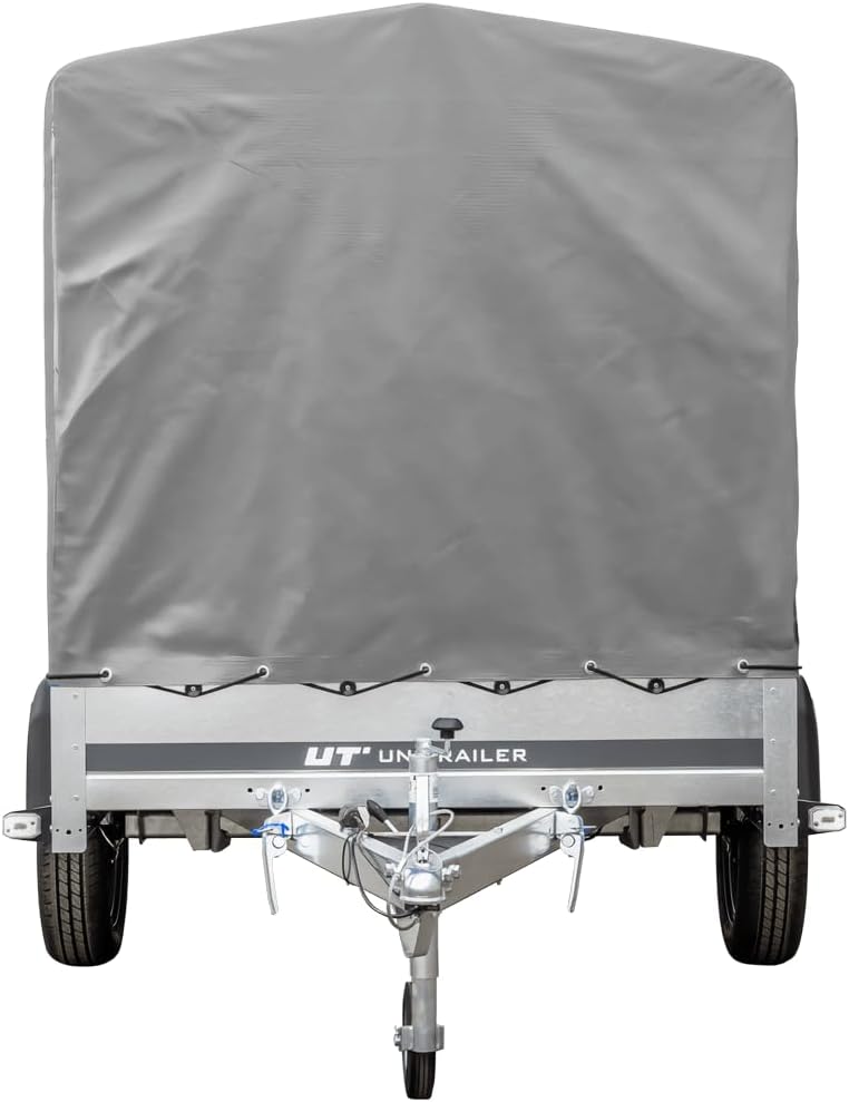 UNITRAILER Car Trailer 230 x 125 cm Garden Trailer 230 Tilting 750 kg with Jockey Wheel, 110 cm High Tarpaulin and High Bow