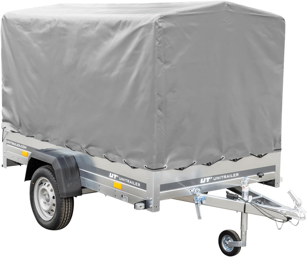 UNITRAILER Car Trailer 230 x 125 cm Garden Trailer 230 Tilting 750 kg with Jockey Wheel, 110 cm High Tarpaulin and High Bow