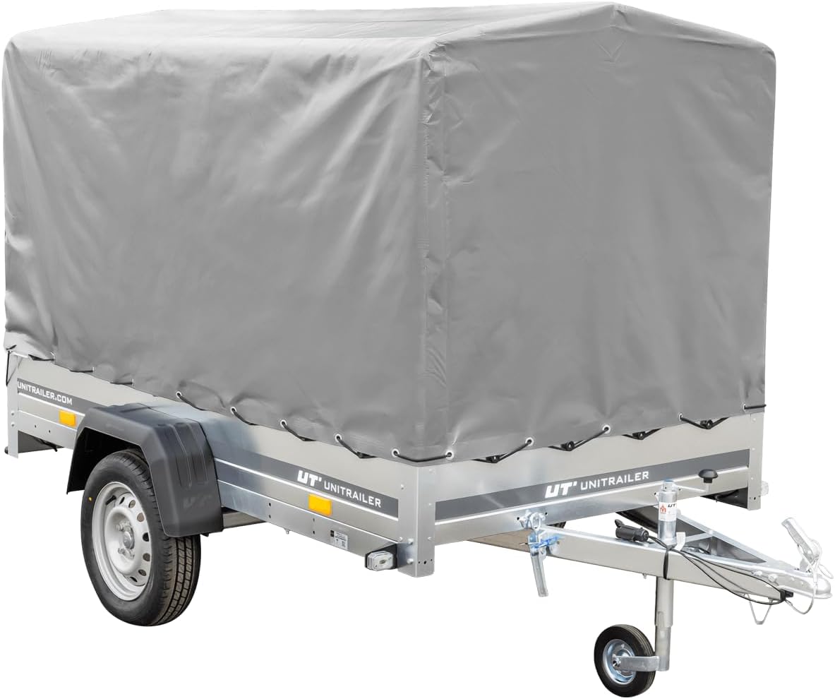 UNITRAILER Car Trailer 230 x 125 cm Garden Trailer 230 Tilting 750 kg with Jockey Wheel, 110 cm High Tarpaulin and High Bow