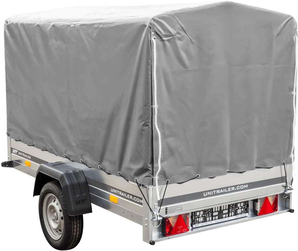 UNITRAILER Car Trailer 230 x 125 cm Garden Trailer 230 Tilting 750 kg with Jockey Wheel, 110 cm High Tarpaulin and High Bow