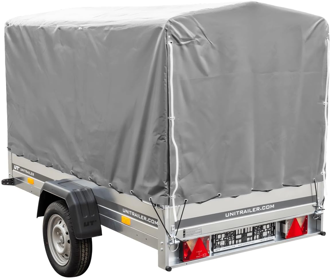 UNITRAILER Car Trailer 230 x 125 cm Garden Trailer 230 Tilting 750 kg with Jockey Wheel, 110 cm High Tarpaulin and High Bow