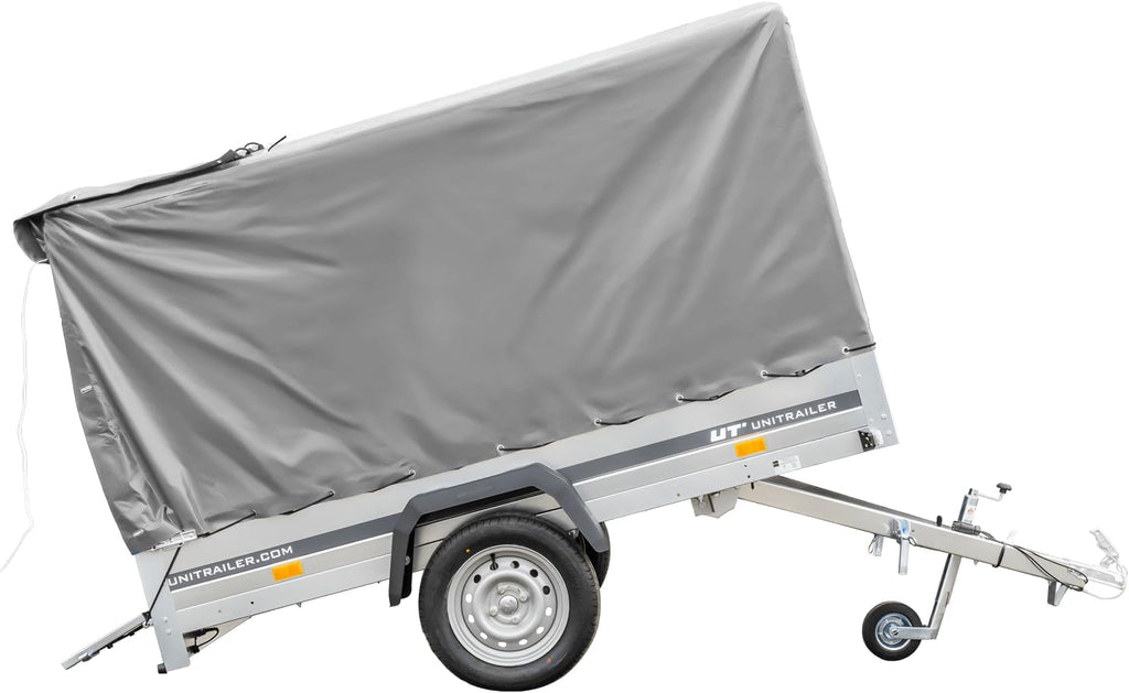 UNITRAILER Car Trailer 230 x 125 cm Garden Trailer 230 Tilting 750 kg with Jockey Wheel, 110 cm High Tarpaulin and High Bow