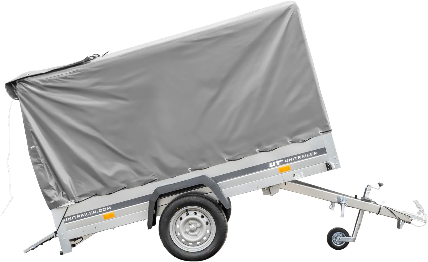 UNITRAILER Car Trailer 230 x 125 cm Garden Trailer 230 Tilting 750 kg with Jockey Wheel, 110 cm High Tarpaulin and High Bow
