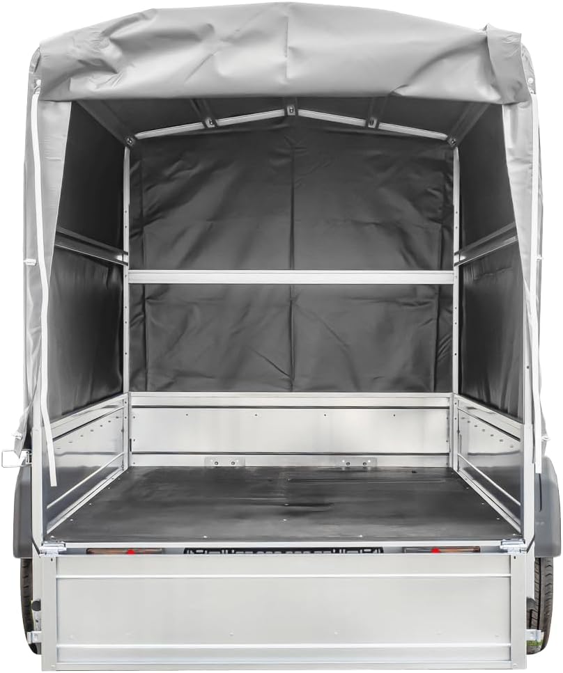 UNITRAILER Car Trailer 230 x 125 cm Garden Trailer 230 Tilting 750 kg with Jockey Wheel, 110 cm High Tarpaulin and High Bow