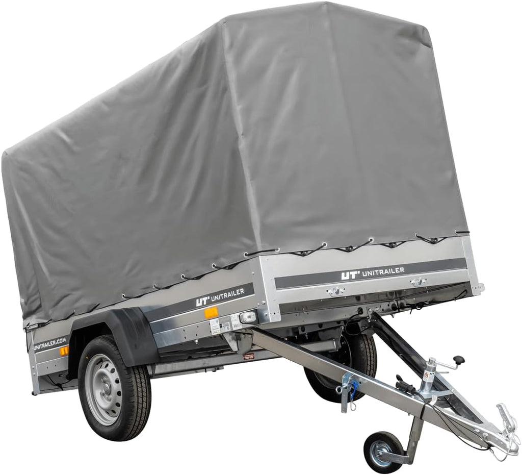 UNITRAILER Car Trailer 230 x 125 cm Garden Trailer 230 Tilting 750 kg with Jockey Wheel, 110 cm High Tarpaulin and High Bow