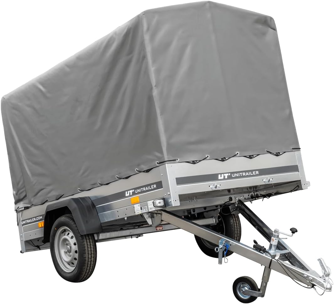 UNITRAILER Car Trailer 230 x 125 cm Garden Trailer 230 Tilting 750 kg with Jockey Wheel, 110 cm High Tarpaulin and High Bow