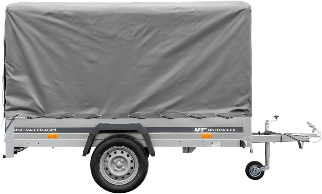 UNITRAILER Car Trailer 230 x 125 cm Garden Trailer 230 Tilting 750 kg with Jockey Wheel, 110 cm High Tarpaulin and High Bow